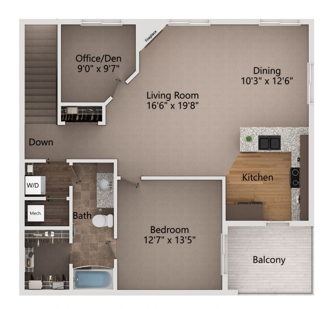 Floor plan for 1 bed, 1 bath, 1025 sqft